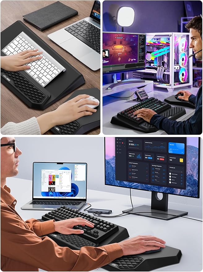3-in-1 Ergonomic Keyboard Stand with Wrist Rest & Mouse Pad Set, Comfy Keyboard Riser Holder Soft Mousepad with Massage Design, Memory Foam and Non-Slip PU Base for Pain Relief, Black