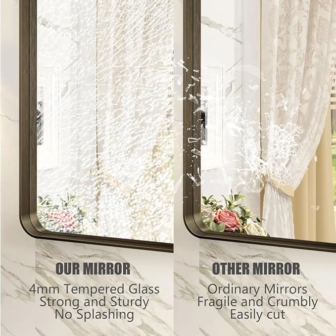 24x32 Bronze Bathroom Mirror, Rounded Rectangle Bronze Frame Mirror, Brushed Bronze Bathroom Vanity Mirror Wall-Mounted, Anti-Rust, Hangs Horizontally or Vertically