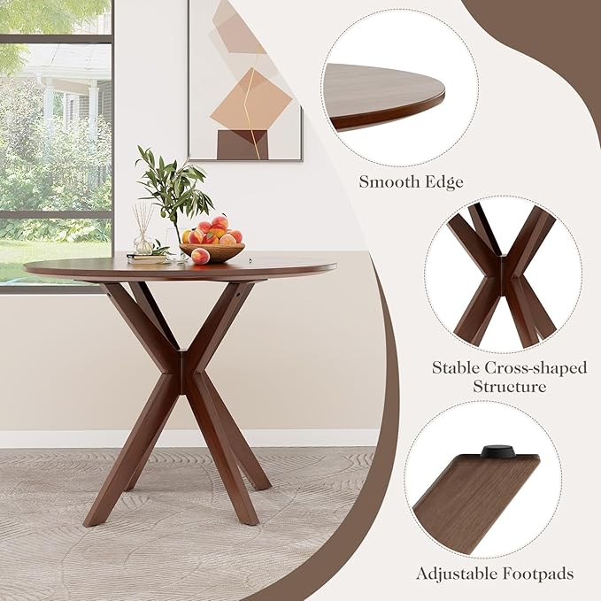 ERGOMASTER 3-Piece Dining Table Set for 2, 36" Kitchen Round Table with 2 Chairs, Rubber Wood Legs, Brown