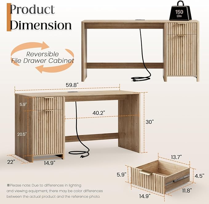 58" Fluted Home Office Desks with Storage, Modern Executive Desk Computer Desk with Drawer & Cabinet, Wood Work Desk for Office, Bedroom, Study, Living Room, Oak
