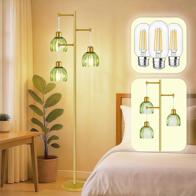 Tree Floor Lamp with 3 Light Bulbs, Vintage 3 Heads Flower Floor Lamp, Tall Gold Vintage Lamps with Brass Base Foot Switch, Boho Standing Lamps for Living Room with Green Glass Flower Shades