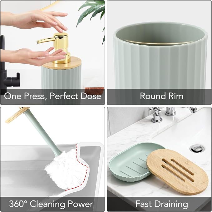 Bathroom Accessory Set, 10 Pieces Bath Set- Wicker Trash Can Tissue Box Soap Dish Toothbrush Holder Rinse Cup Lotion Bottle Toilet Brush Qtip Holder - Practical Bathroom Decor Sets (Sage Green)