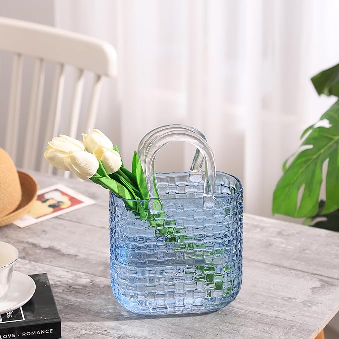 Glass Purse Vase for Flowers, Large Purse Flower Vase, Black Glass Bag Vases, 10 Inch Handbag Shaped Vases for Home, Living Room, Bedroom, Office Decor