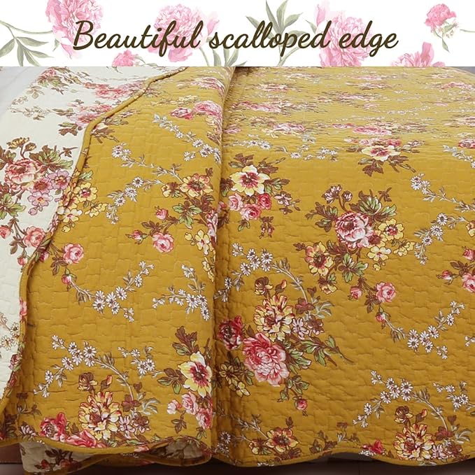 Cozy Line Home Fashions Perry Mustard Yellow Floral Blooming Flower Printed 100% Cotton Vintage Quilt Bedding Set Reversible Coverlet Bedspread (Camellia, King - 3 Piece)