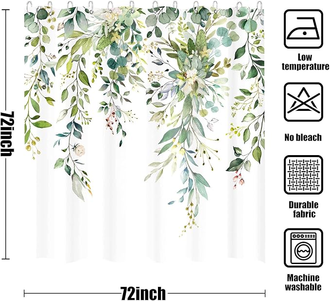 Green Eucalyptus Shower Curtain Watercolor Floral Plant Leaf Shower Curtains for Bathroom Sage Botanical Flower Waterproof Fabric Bath Curtain Decor with Hooks (Green, 72'' x 72'')