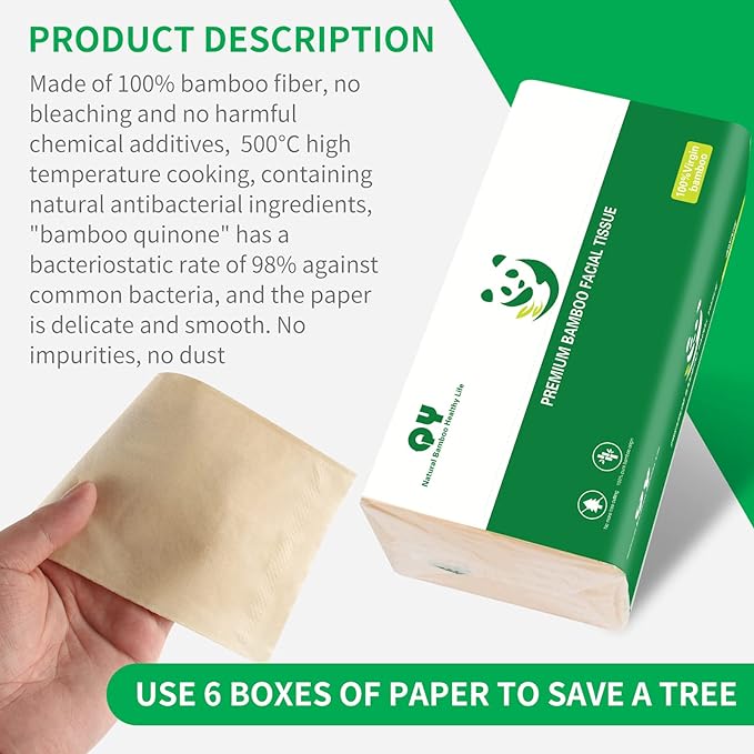 Soft Durable Bamboo Facial Tissues - 3 Ply Natural Unbleached Facial Paper Dry or Wet Use 12 Packs（134 Tissue per Pack, 1608 Tissues Total）