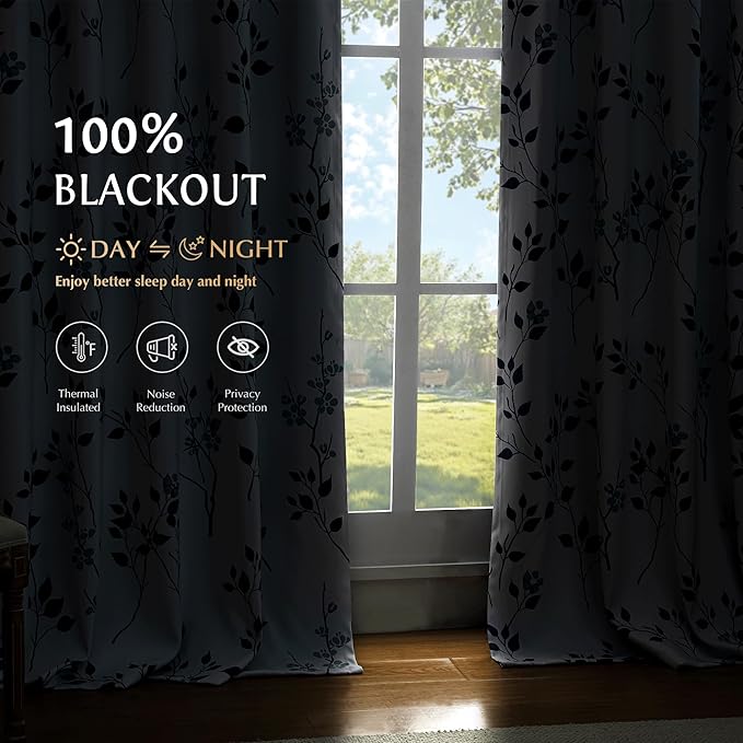 Beauoop Floral 100% Blackout Curtains 90 Inches Long 2 Panels for Bedroom Living Room Navy Blue and White Flower Patterned Room Darkening Thermal Soundproof Grommet Window Treatments Drapes, 52X90