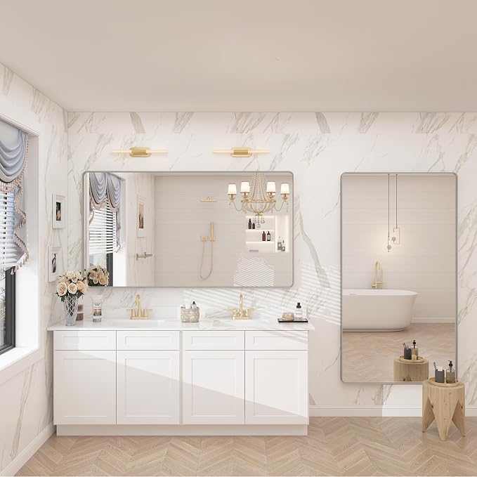 60x28 Silver Bathroom Mirror for Wall, Silver Brushed Framed Bathroom Vanity Mirror, Rectangle Bathroom Nickel Mirror, Anti-Rust, Shatterproof (Horizontal/Vertical)