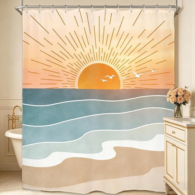 Miyotaa Abstract Orange Sun Minimalist Shower Curtain Set 60Wx71H Inches Beach Sunrise Sunset Aesthetic Coastal Teal Turqoise Aqua Polyester Waterproof Cloth Bathroom Curtain with 12 Hooks