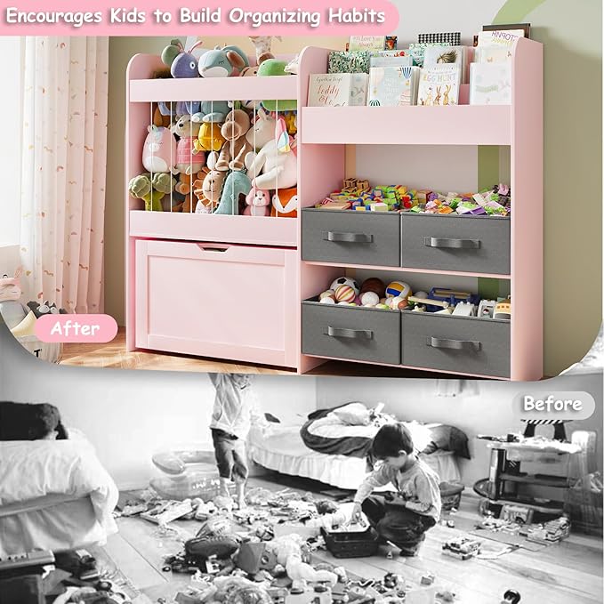 Toy Storage Organizer with Stuffed Animal Storage - Kids Bookshelf with 4 Removable Bins and 1 Movable Toy Storage Bin, 3-Tier Bookshelf with Building Block Play Table for Kids Room Playroom (Pink)