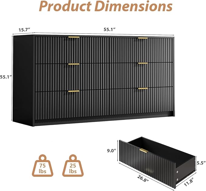 3-Piece Dresser Bedroom Set, 6 Drawer Dresser & 3 Drawer Nightstands with Gold Handles, Fluted Wood Chest of Drawers for Bedroom, Living Room, Entryway, Black