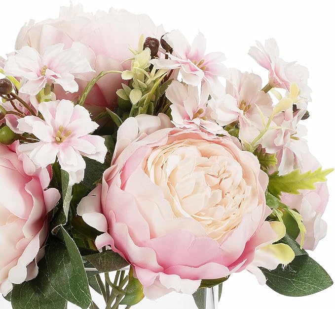 ENOVA FLORAL Artificial Flower Arrangement with Vase,Mixed Artificial Fake Silk Peony Flower in Vase for Decoration Home Office, Wedding Centerpiece (Pink01)