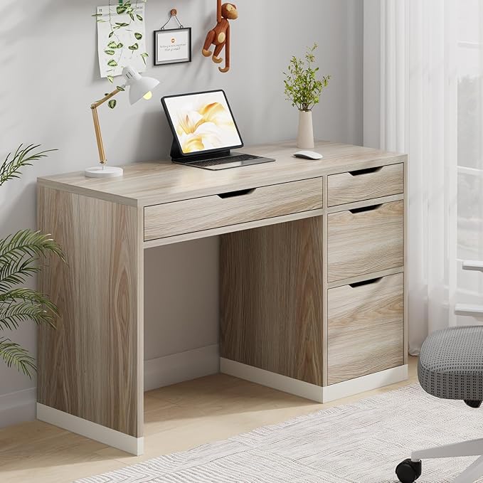 48 Inch Small Desk with Drawers, Walnut Desk with Storage, Study Desk with Filing Cabinet for Bedroom