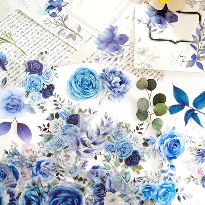 Obujopal 100 Pcs Blue Flower Stickers, Wildflower Stickers for Scrapbooking Junk Journal Card Making Collage Notebook Diary Planner Letter Envelope Water Bottle Phone Case Craft Decoration (Blue)