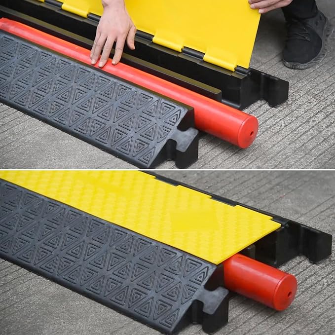 OranLite Large 2-Channel Rubber Floor Cable Protector Ramp, Heavy-Duty Floor Cable Wire Cord Cover Speed Bumps, Driveway Hose Cable Ramp Protective Cover (2 Large Channels)