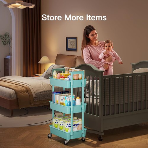 Pipishell 3-Tier Rolling Cart Organizer - Lightweight Utility Storage with Lockable Wheels | Turquoise