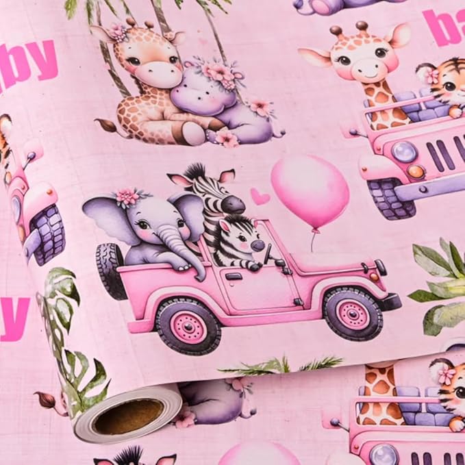 Altarho Baby Shower Wrapping Paper Roll - Pink Woodland Animals Truck Design Gift Wrap Sheets for Kids Boys Girls Baby Shower Party Decoration Celebration Total 28.5sq.ft