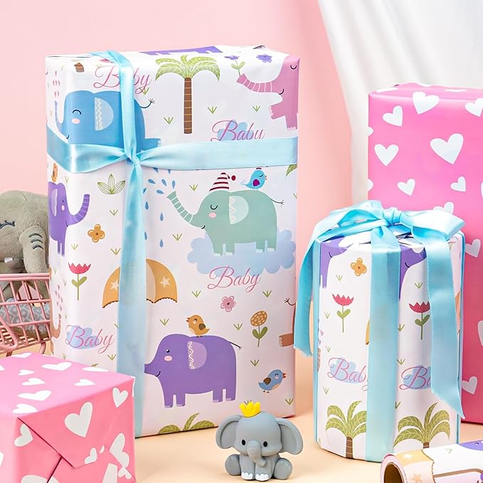 Homeral Girl Baby Shower Wrapping Paper Roll - Baby Elephant & Pink Heart Pattern, Reversible Newborn Gift Wrap for 1st Birthday, Party - Mini Roll - 17 Inch x 33 Feet