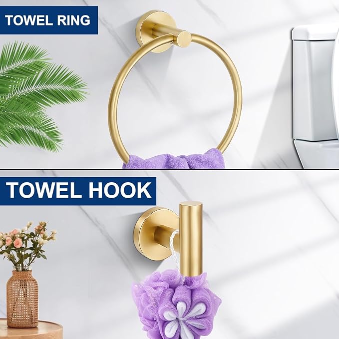 5 Pieces Brushed Gold Bathroom Hardware Accessories Set, SUS304 Stainless Steel 24 Inch Bath Towel Bar Set, Round Bathroom Towel Holder Set, Towel Racks for Bathroom Wall Mounted