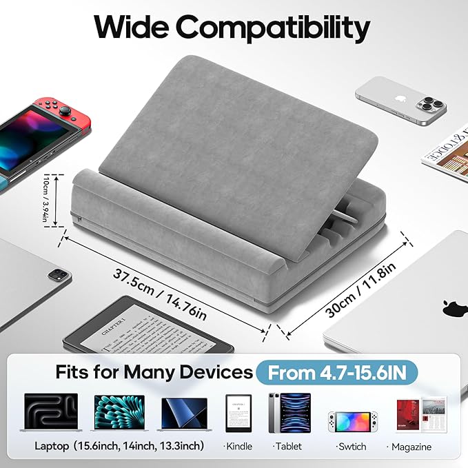 Heyife Laptop Desk for Lap with Cushion, Computer Lap Desk Laptop Pillow for Couch, Bed, Car, Adjustable Computer Pillow Stand As Carrying Case for up to 15'' PC/Mac, Tablet, iPad, Kindle, Gray