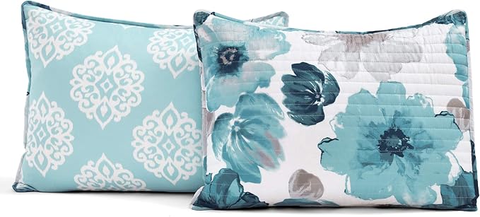 Lush Decor Leah Reversible Floral Quilt Set, 3 Piece Set, King, Blue - Watercolor Botanical - Cottage Core - French Country Decor- Bedding Queen Size