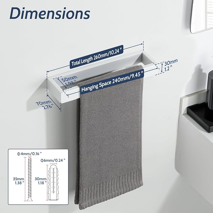 Sayayo White Towel Bar for Bathroom, 10 Inch Hand Towel Holder Wall Mount Square Towel Ring SUS304 Stainless Steel Towel Rack
