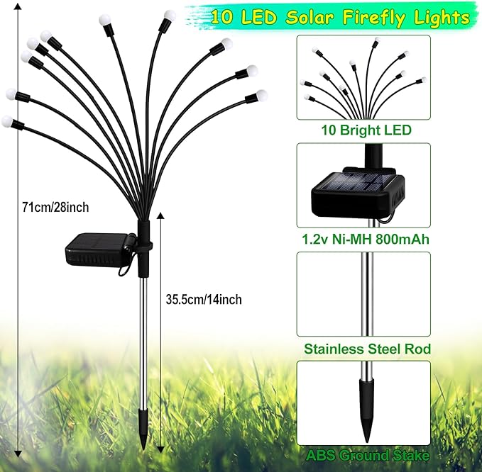 Kohlrabi Solar Halloween Lights Outdoor, 4 Pack 40 LED Solar Green Firefly Lights Waterproof, Starburst Wind Swaying Light for Outside Yard Patio Planter Flower Bed Walkway Christmas Decoration