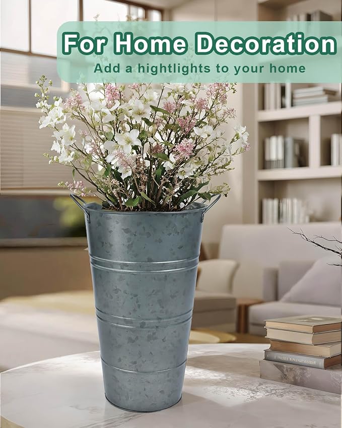 12 Inch Galvanized Metal Vases for Flowers - 6 Pcs Farmhouse Decorative Tall Flower Bucket with Handles, Rustic French Tin Planter Buckets for Wedding Decor (Galvanized Black)