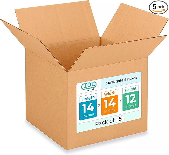 Medium Moving & Shipping Boxes 14 x 14 x 12 inches (5-Pack) - Extra Strength 200 lb vs Regular - Corrugated Cardboard Boxes for USPS/UPS/FEDEX - Pack of Moving Box - Heavy Duty Box by IDL Packaging