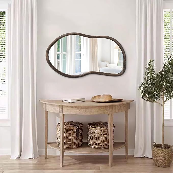 Asymmetrical Wall Mirror Rustic Brown Farmhouse Irregular Mirrors Wood Framed Mirror for Wall Wall Mirrors Decorative Hanging Mirrors for Wall Living Room Bedroom Entryway