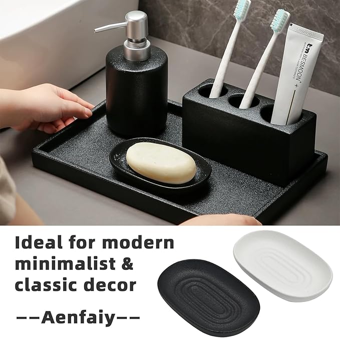 Ceramic Soap Dish for Bathroom & Kitchen Sink- Black Matte Textured Finish Bar Soap Holder for Shower - Easy to Clean Small Simple Oval Soap Dishes Holders for Bar Soaps, Sponges, Jewelry