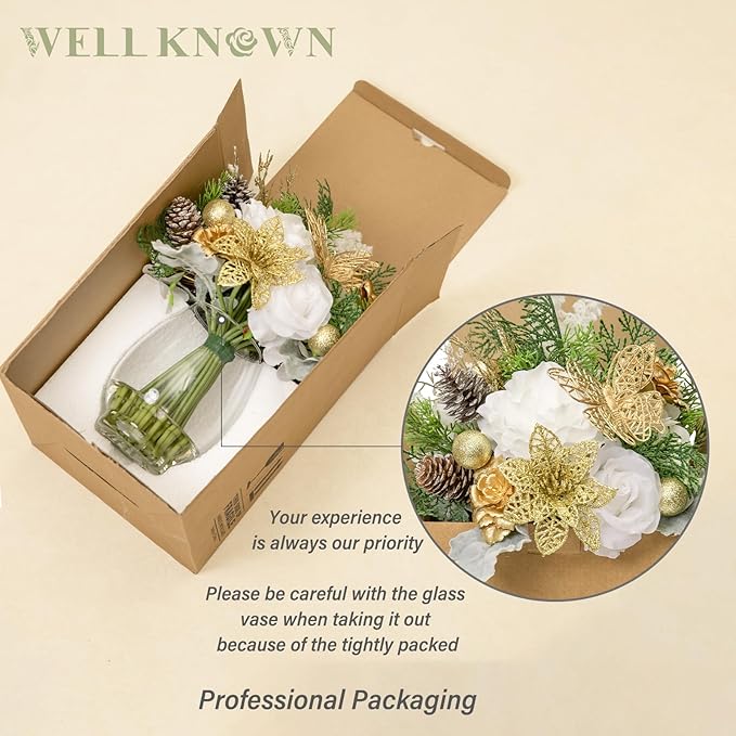 Fake Flowers in Vase, Golden Shimmer Poinsettia & Butterfly, Artificial Rose Flowers Arrangement Centerpiece for Dining Table Wedding Party Fall Winter Home Christmas Decor Gift (Gold White & Green)