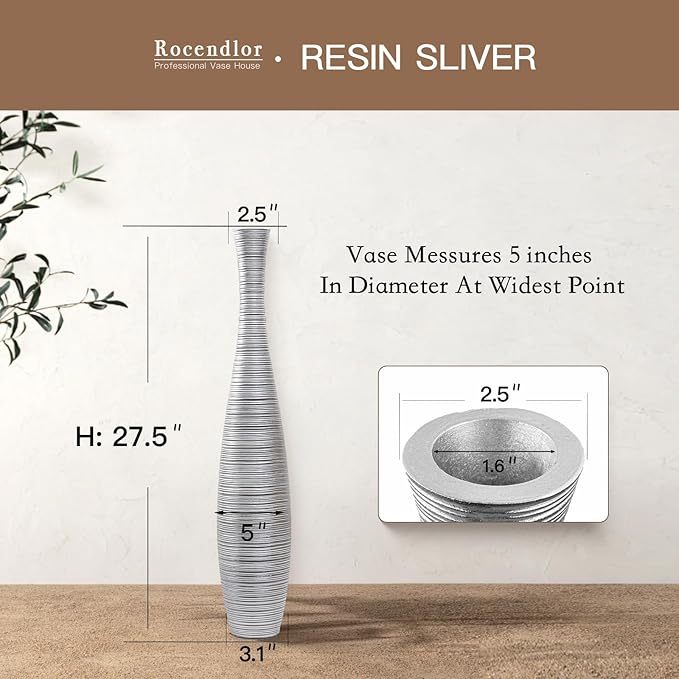 Tall Floor Vase, 27.5 inches (70cm, 2.3FT) Tall Vases Sturdy and Luxurious,Floor Vase for Country Home Decor, Living Room, Resin Silver Floor vase
