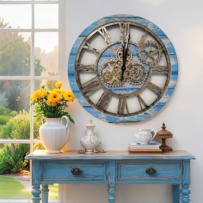 ImprovingLife The Gears Clock The Original Real Moving Gear Wall Clock Vintage Industrial Oversized Rustic Farmhouse (24 inch (60cm), Vintage Ocean Blue and Bronze)