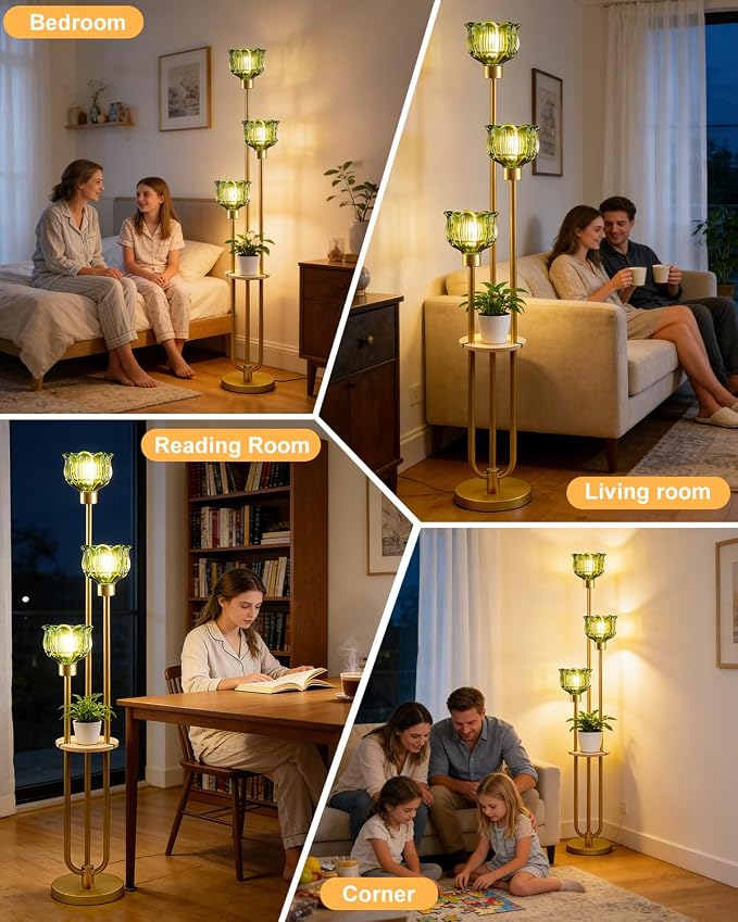 Lightdot Glass Floor Lamp for Living Room 3-Lights Modern Gold Floor Lamp with Green Glass Shade 3000K Bulbs Included Unique Tall Standing Lamp with 5Lb Heavy Base for Bedroom/Sofa Beside/Corner Decor