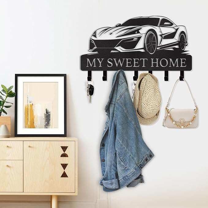 Personalized Metal Key Holder Wall Mount with Hooks, Decorative Car Design Key Hanger for Front Door, Entryway, Hallway, Office