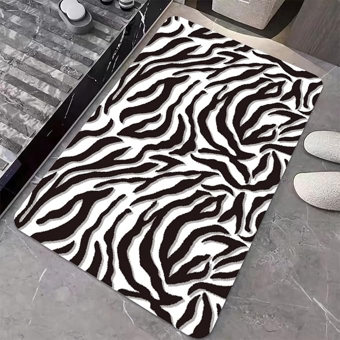 Diatomaceous Earth Bath Mat,Black and White Zebra Print Non-Slip Volume Super Absorbent Fast Drying for Bathroom Kitchen Door mat,Eco-Friendly Easy to Clean 17×27.5Inch (43 * 70cm)