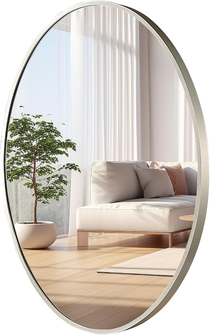 Oval Wall Mirror, 24"x36" Brushed Nickel Vanity Mirror, Bathroom Mirror of Metal Frame, Home Decorative Wall Mounted Mirror for Bathroom, Living Room, Entryway, Vanity