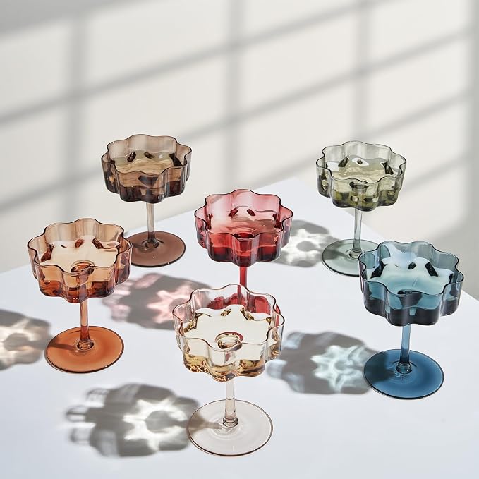 Flower Scalloped Vintage Wavy Petals Wave Glass Coupes 7oz Colorful Martini, Champagne & Cocktails, 6 Set Muted Pastel Shades Rippled Champagne Glasses, Elegant Bar Glassware, Aesthetic Cute Coupe