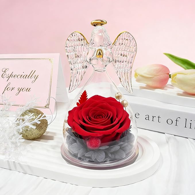 Sunia Preserved Flower Rose Gift for Women - Mother's Day Birthday Gifts for Mom Wife Grandma, Glass Angel Figurines Forever Real Roses Gifts for Her Valentine Day Thanksgiving﻿ (Red)