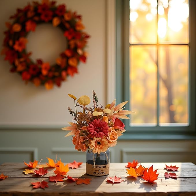 LADADA Artificial Flower in Glass Vase,Fall Silk Flower Arrangements,Fall Centerpieces for Tables,Artificial Flowers for Autumn Decor,Thanksgiving Party Table Rustic Wedding（Orange-Yellow）