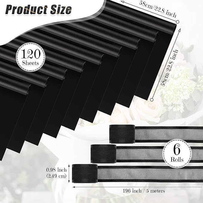 Sabary 120 Sheets Flower Wrapping Paper Bouquet Pure Color Waterproof Floral Packaging Paper with 196 Inch Ribbon Florist Bouquet Supplies for Wedding Birthday DIY, 22.8 x 22.8 Inch(Black)
