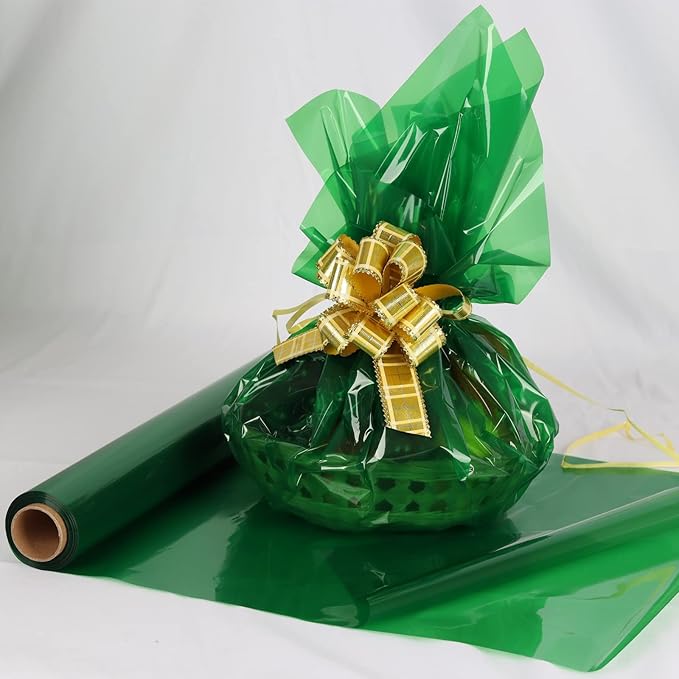 CMFYHM Green Cellophane Wrap Roll,Colorful Cello 34 In Wide X 100 Ft Long, Translucent Colored Cellophane Wrapping Paper for Gift Baskets Wrap, Treats, Holiday, DIY Arts Crafts Decoration (Green)