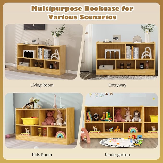 KOTEK Toy Storage Organizer, 5 Cubby Kids Bookshelf, Wooden 3-Tier Bookcase Storage Cabinet, Open Display Book Shelf for Daycare, Nursery, School Classroom, Playroom & Living Room (Burlywood, 5 Cubes)