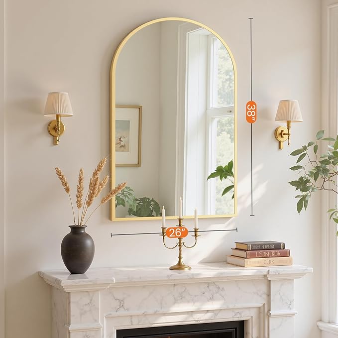NEWBULIG 26X38 Inch Arched Bathroom Mirror for Wall, Vanity Bathroom Mirrors for Over Sink Tempered Glass, Anti-Rust Arched Metal Framed, Hangs Horizontally or Vertically, Farmhouse Home Decor, Gold