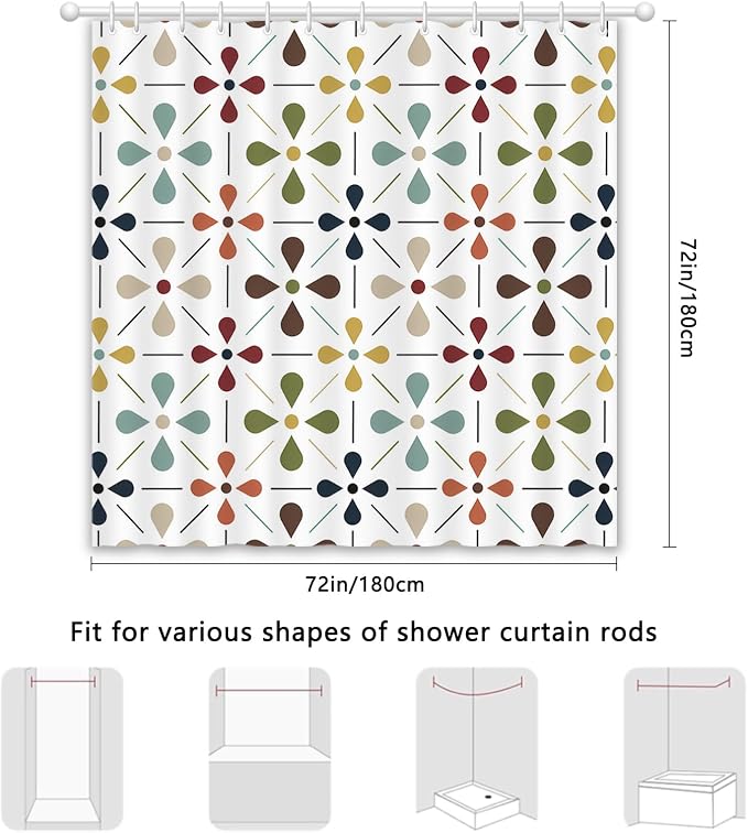 APROPHIC Mid Century Retro Shower Curtain 72x72 Inches, Vintage Geometric Pattern Bathroom Curtain with Hooks, Waterproof Polyester Fabric for Bath Shower, Machine Washable Home Decor for Bath, White