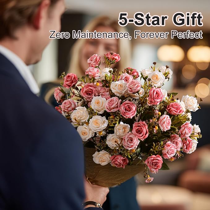 Artificial Rose Flowers for Outdoor 4 Bundles Rose Bouquet with Daisy Faux Flowers UV Resistant for Home Indoor Outside Garden Porch Window Box Balcony Yard Porch Decor (White+Pink)
