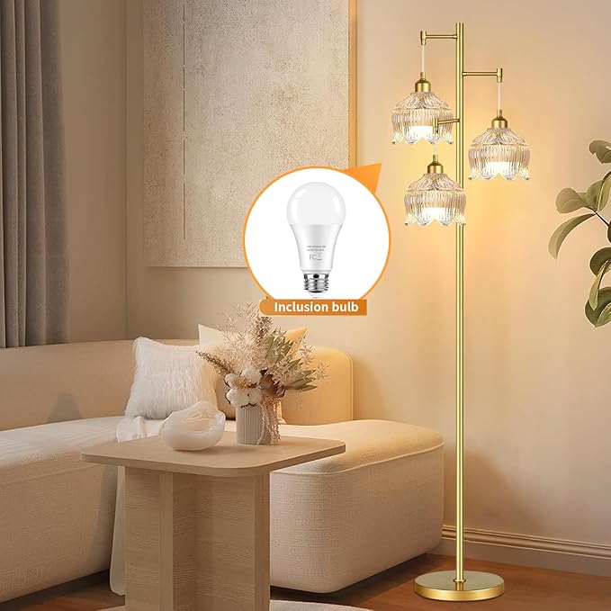 ZECOXOL Gold Floor Lamps for Living Room 3 Lights Floor Lamp with Glass Lampshape & Three Led Bulb,Mid Century Standing Lamp Vintage Brass Tall Lamp Tree Floor Lamp for Bedroom Corner