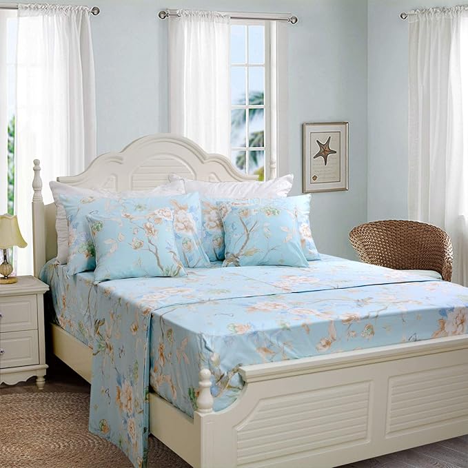 FADFAY Floral Bedding Shabby Blue Bird Print Bed Sheet Set Luxury Bedding Collections 800 Thread Count 100% Egyptian Cotton Deep Pocket, 4 Piece-Twin Size