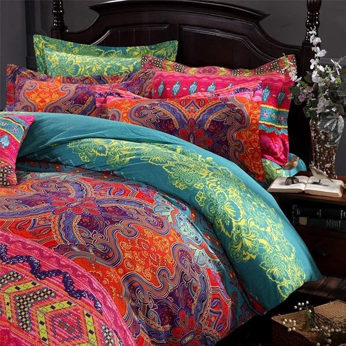 Boho Full Comforter Set Soft Chic 3 Pieces Bedding Full Comforter Set Lightweight Exotic Red Teal Bohemian Mandala Colorful Vintage Comforter Bed Set for All Seasons